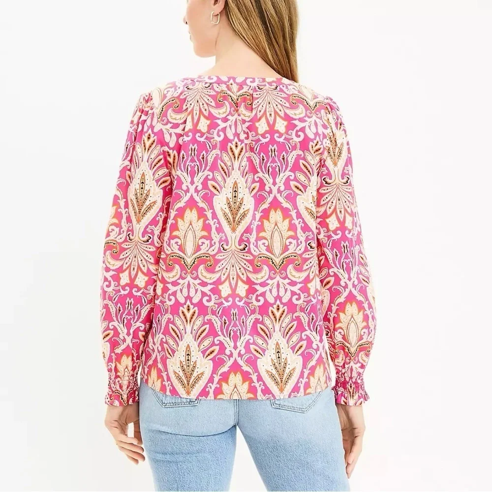NWT New LOFT Paisley Smocked Cuff V-Neck Cotton Blend Blouse Size XS